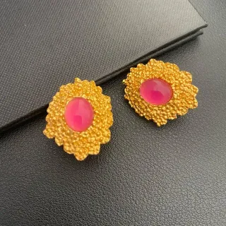 Gold-Tone Floral Textured Cabochon Pink Stud Earrings