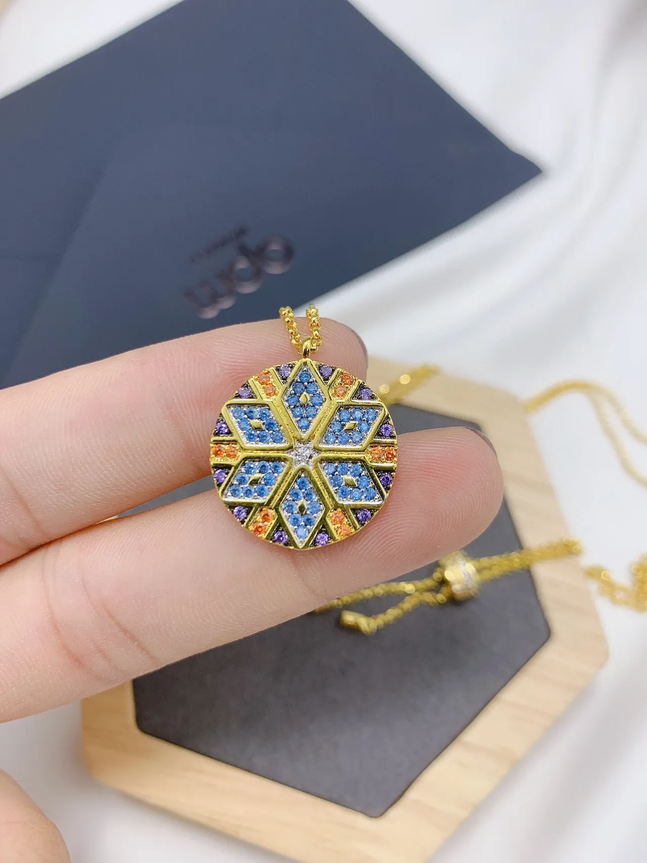 Gold-Tone Geometric Mosaic Pendant Necklace 9