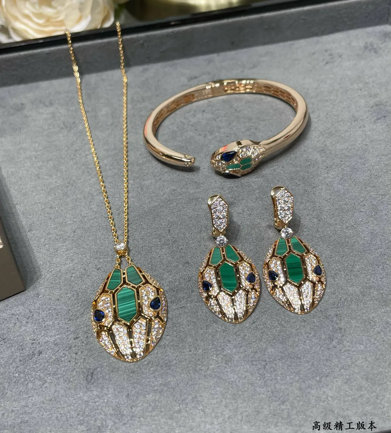 Gold-Tone Honeycomb Lattice Mother-of-Pearl and Blue Stone Pavé Earrings 4