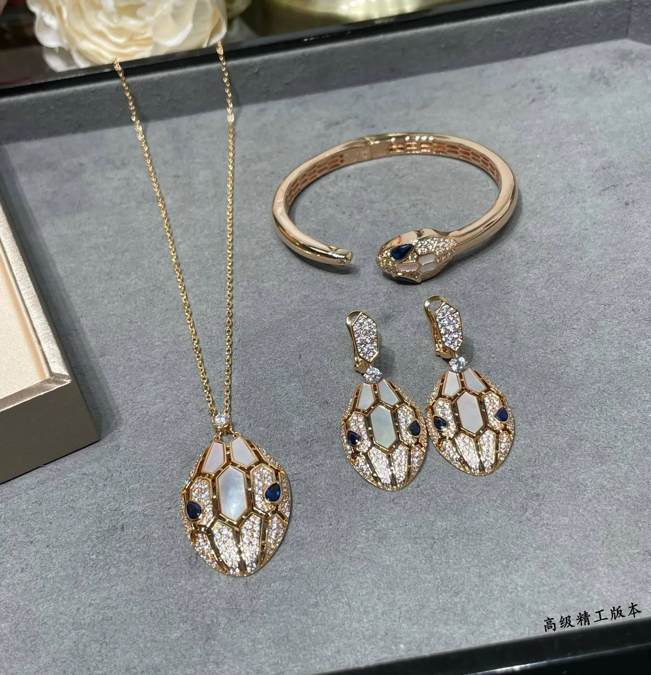 Gold-Tone Honeycomb Lattice Mother-of-Pearl and Blue Stone Pavé Earrings 5
