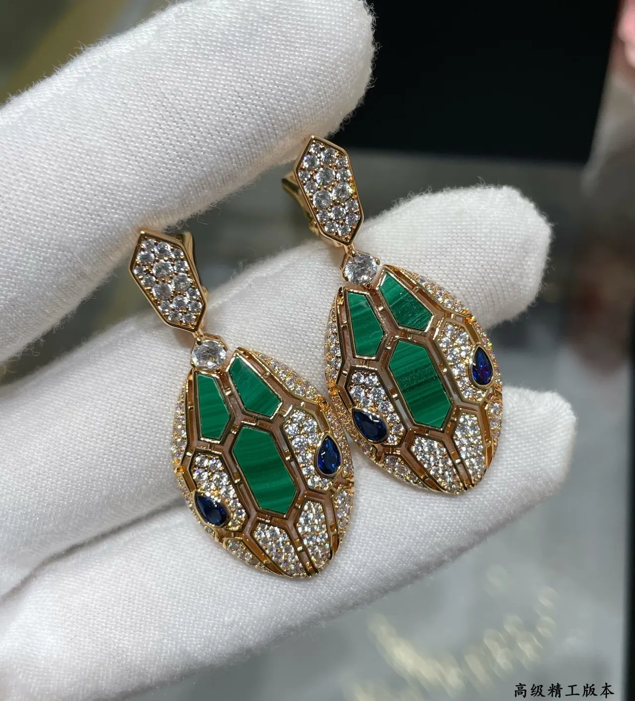 Gold-Tone Honeycomb Lattice Mother-of-Pearl and Blue Stone Pavé Earrings 8