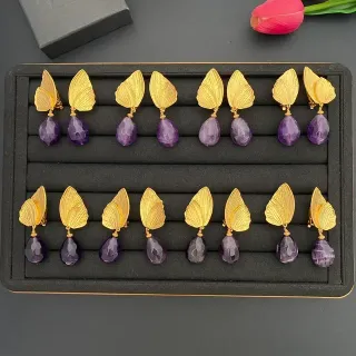 Gold-Tone Leaf and Faceted Purple Teardrop Dangling Earrings