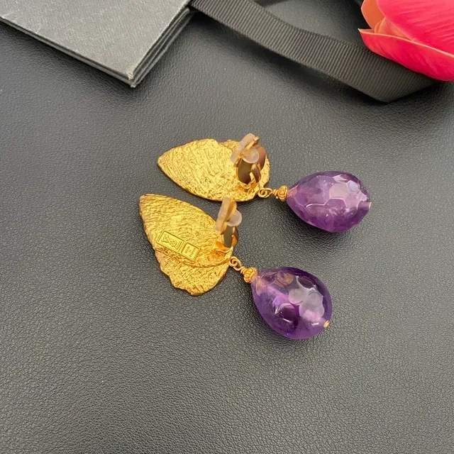 Gold-Tone Leaf and Faceted Purple Teardrop Dangling Earrings 3