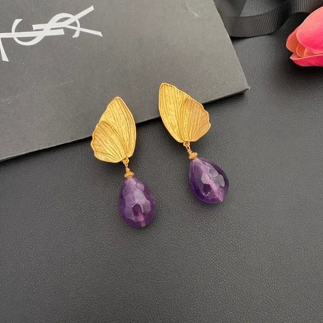 Gold-Tone Leaf and Faceted Purple Teardrop Dangling Earrings 4