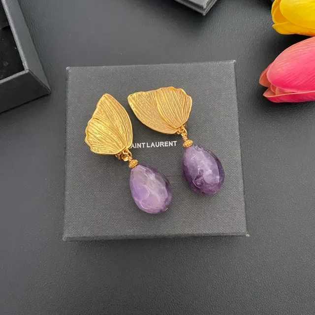 Gold-Tone Leaf and Faceted Purple Teardrop Dangling Earrings 5