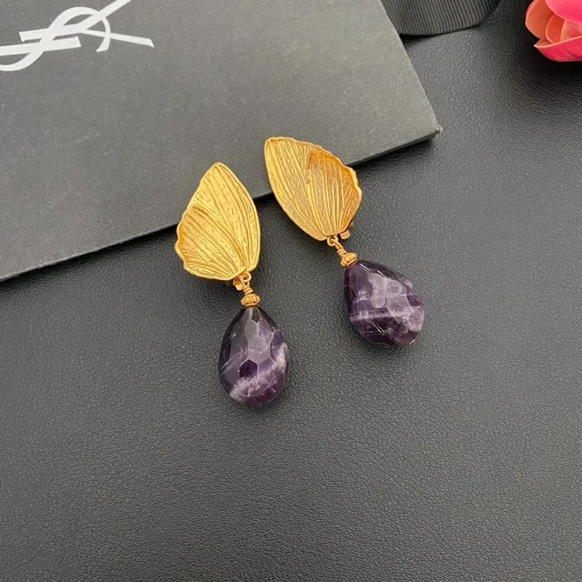 Gold-Tone Leaf and Faceted Purple Teardrop Dangling Earrings 6