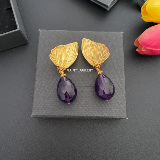Gold-Tone Leaf and Faceted Purple Teardrop Dangling Earrings 7