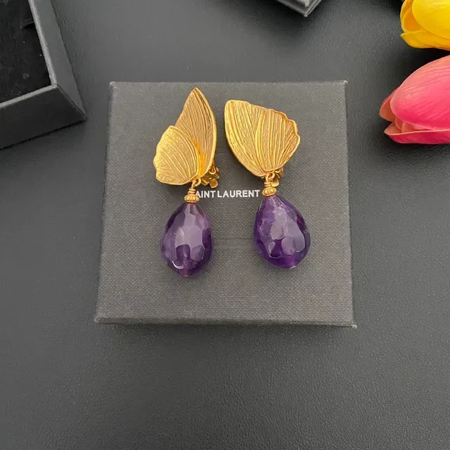 Gold-Tone Leaf and Faceted Purple Teardrop Dangling Earrings 8