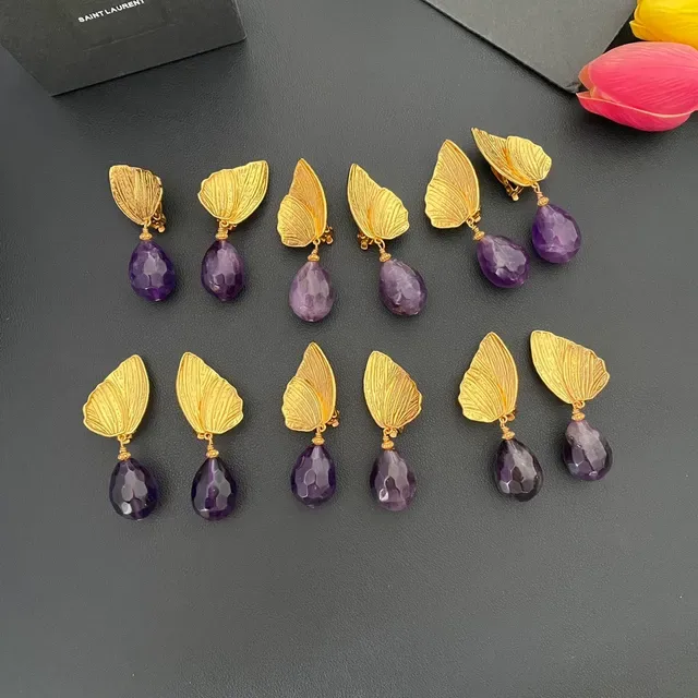 Gold-Tone Leaf and Faceted Purple Teardrop Dangling Earrings 9