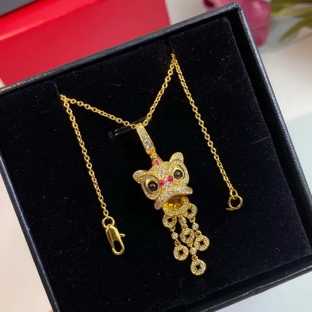 Gold-Tone Lion Dance Mask Pave Crystal Pendant Necklace 2