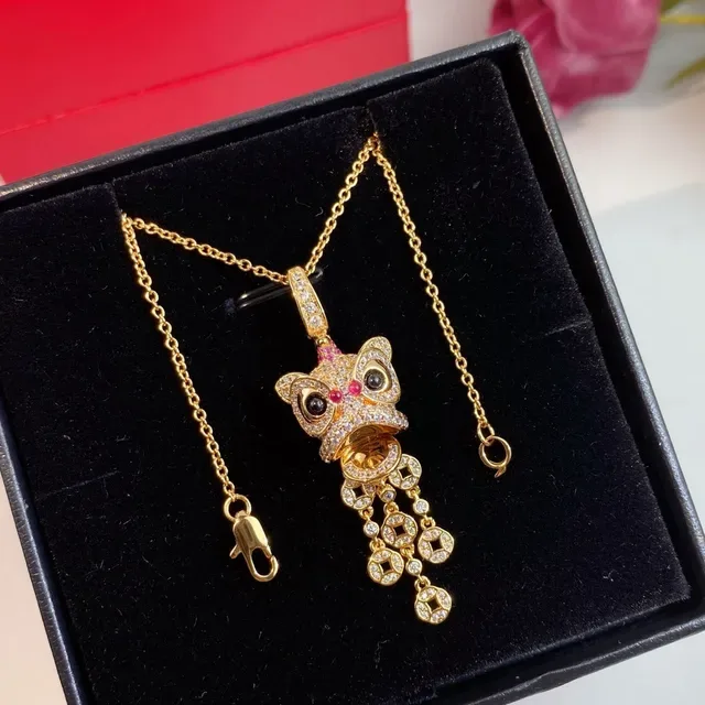 Gold-Tone Lion Dance Mask Pave Crystal Pendant Necklace 4