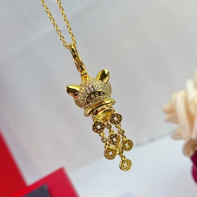 Gold-Tone Lion Dance Mask Pave Crystal Pendant Necklace 5