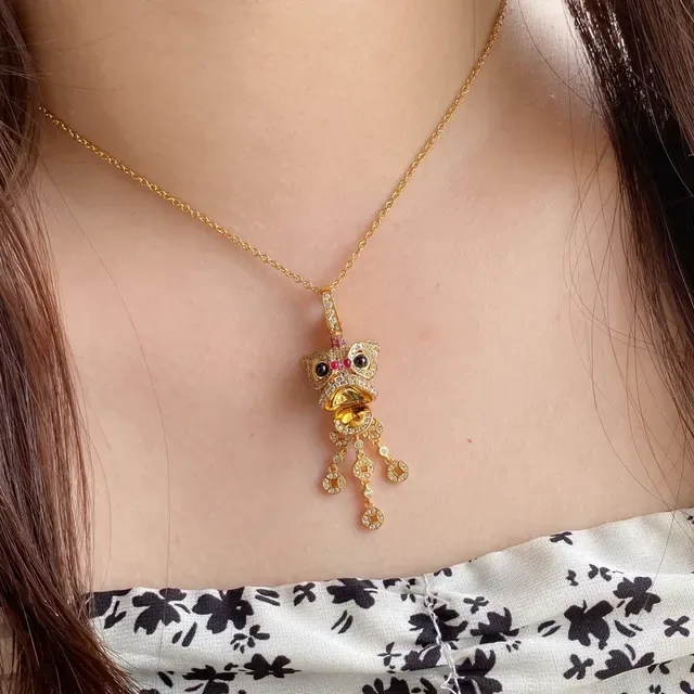 Gold-Tone Lion Dance Mask Pave Crystal Pendant Necklace 7