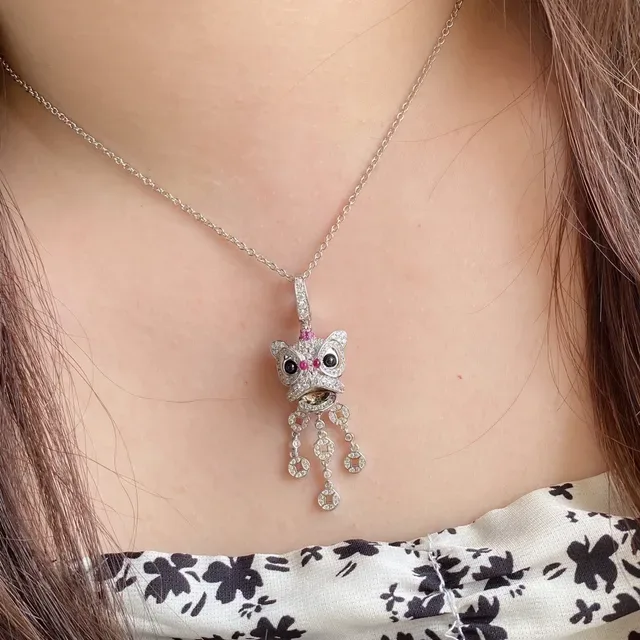 Gold-Tone Lion Dance Mask Pave Crystal Pendant Necklace 8