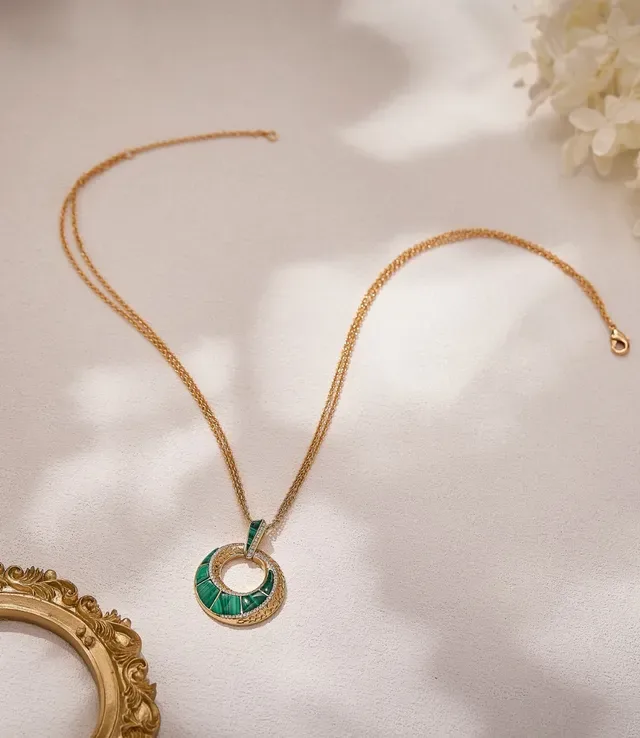 Gold-Tone Malachite and Diamond Double-Ring Pendant Necklace 2