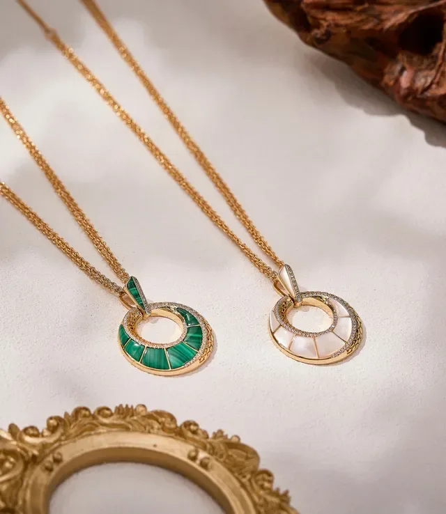 Gold-Tone Malachite and Diamond Double-Ring Pendant Necklace 3