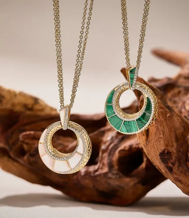 Gold-Tone Malachite and Diamond Double-Ring Pendant Necklace 4