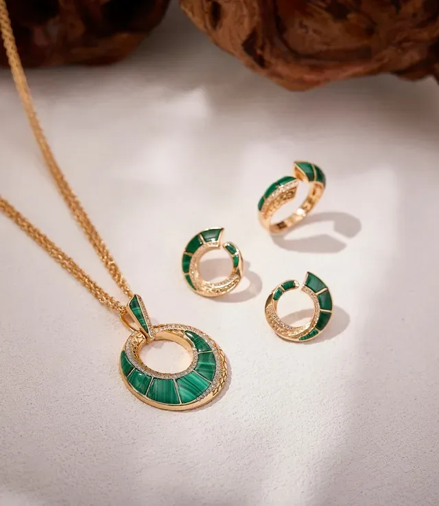 Gold-Tone Malachite and Diamond Double-Ring Pendant Necklace 5