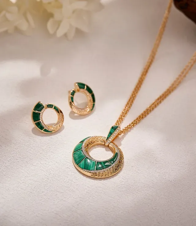 Gold-Tone Malachite and Diamond Double-Ring Pendant Necklace 6