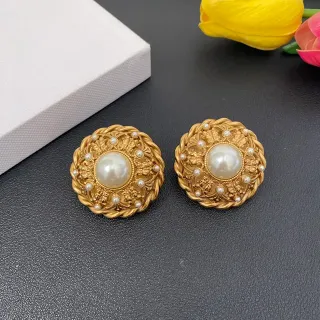 Gold-Tone Ornate Pearl-Embellished Circular Stud Earrings