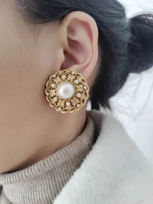 Gold-Tone Ornate Pearl-Embellished Circular Stud Earrings 2