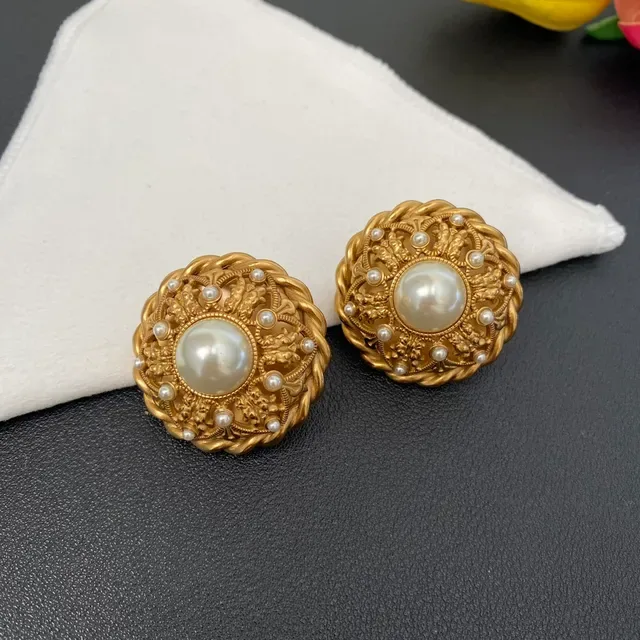 Gold-Tone Ornate Pearl-Embellished Circular Stud Earrings 8