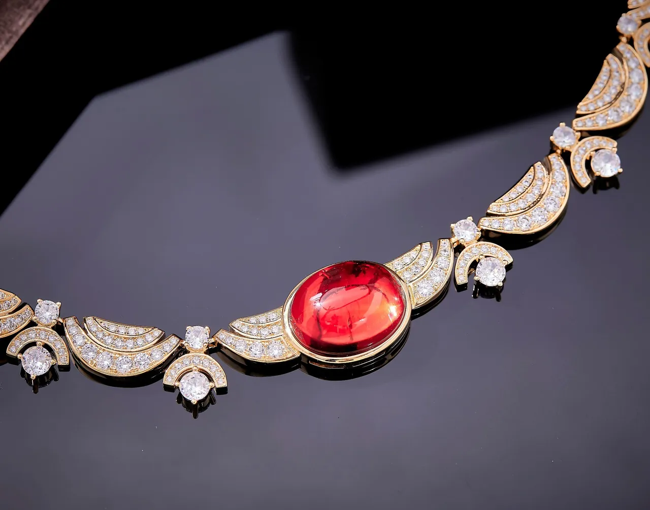 Gold-Tone Oval Red Gem Pavé Wing Motif Necklace 4