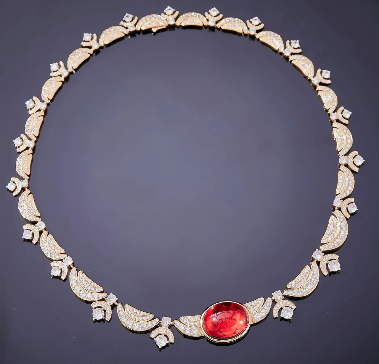 Gold-Tone Oval Red Gem Pavé Wing Motif Necklace 7
