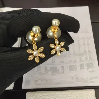Gold-Tone Pearl and Crystal Floral Dangling Earrings