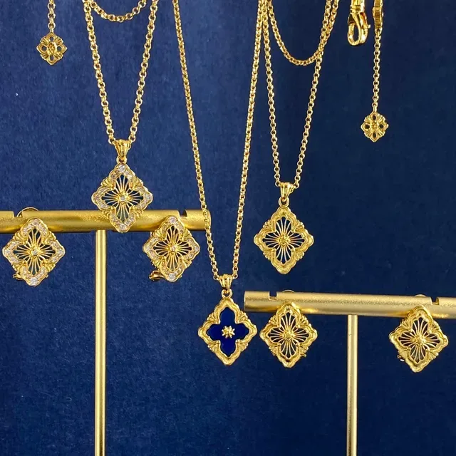 Gold-Tone Quatrefoil Enamel and Crystal Pendant Necklaces 2