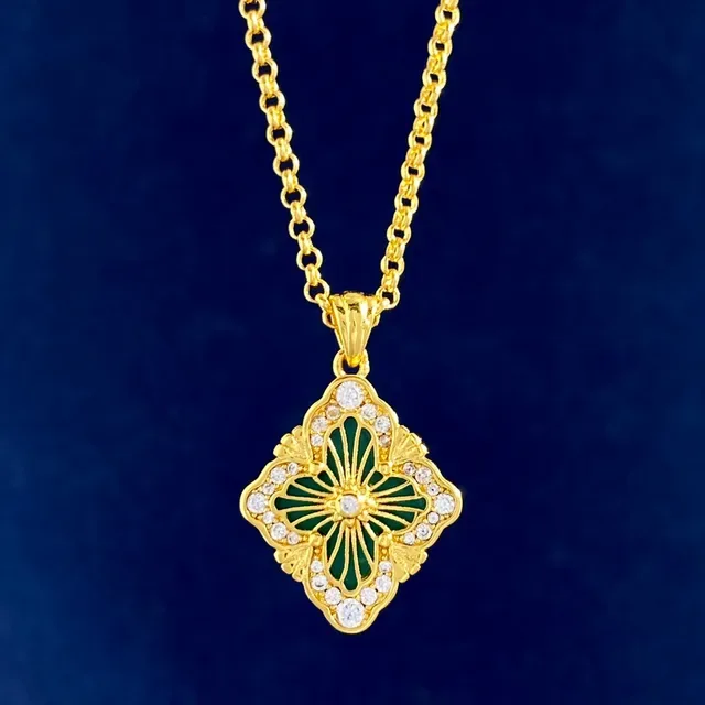 Gold-Tone Quatrefoil Enamel and Crystal Pendant Necklaces 8