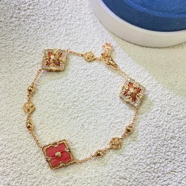 Gold-Tone Red Enamel Floral Charm Bracelet 3