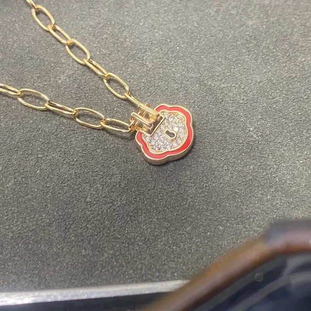 Gold-Tone Red Enamel Pavé Crystal Lock Pendant Necklace 3