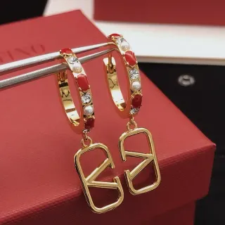 Gold-Tone Red Enamel Pearl Crystal Hoop Earrings