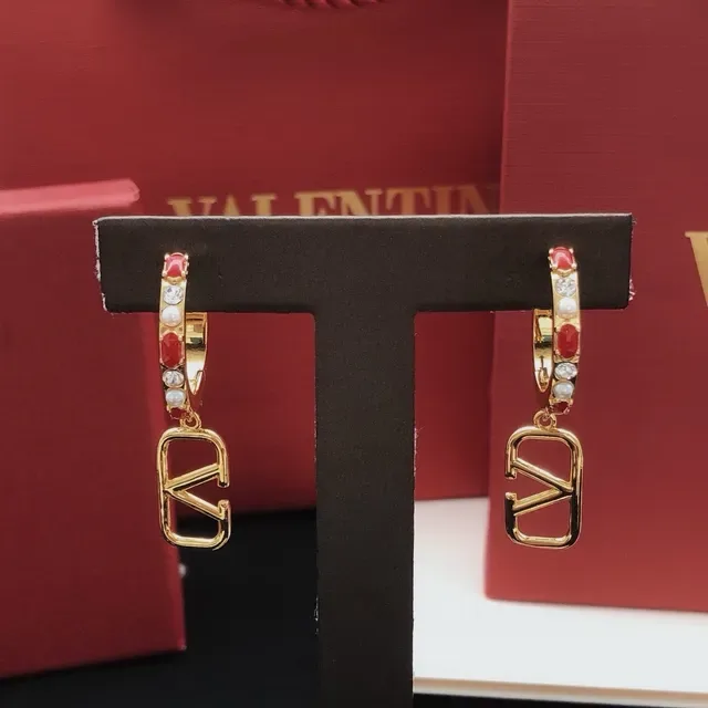 Gold-Tone Red Enamel Pearl Crystal Hoop Earrings 2