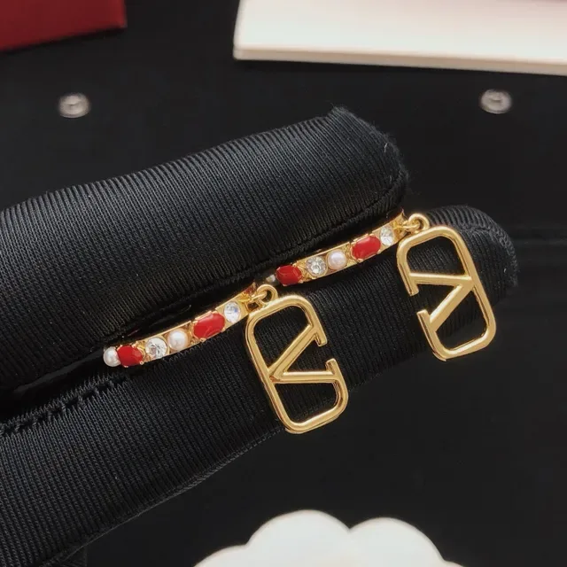 Gold-Tone Red Enamel Pearl Crystal Hoop Earrings 3
