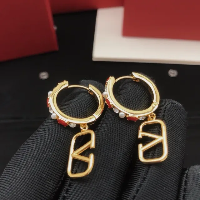 Gold-Tone Red Enamel Pearl Crystal Hoop Earrings 5