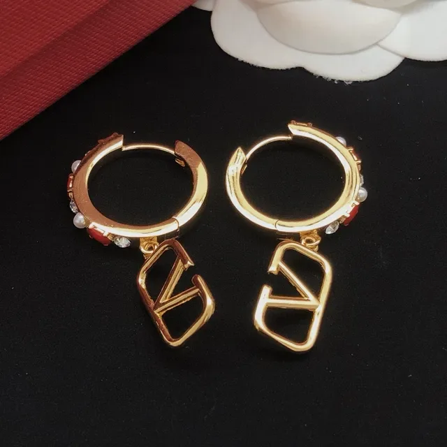 Gold-Tone Red Enamel Pearl Crystal Hoop Earrings 6