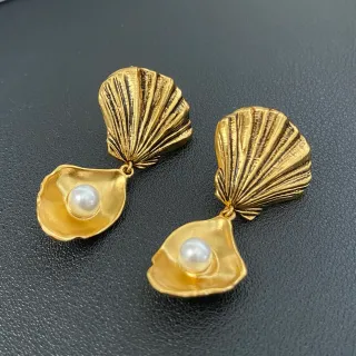 Gold-Tone Shell and Pearl Dangling Earrings