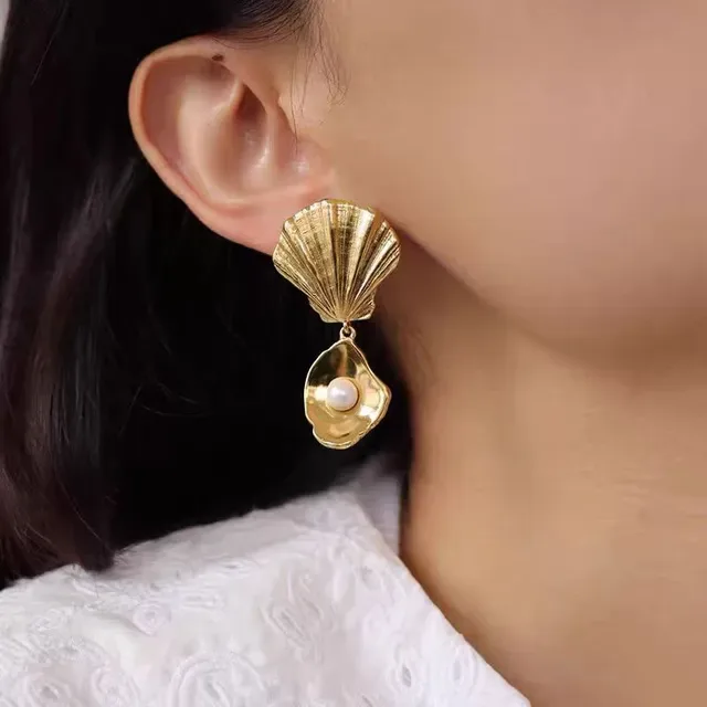 Gold-Tone Shell and Pearl Dangling Earrings 2