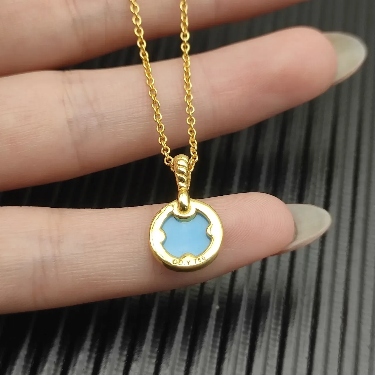 Gold-Tone Turquoise Enamel Pavé Halo Disc Pendant Necklace 4