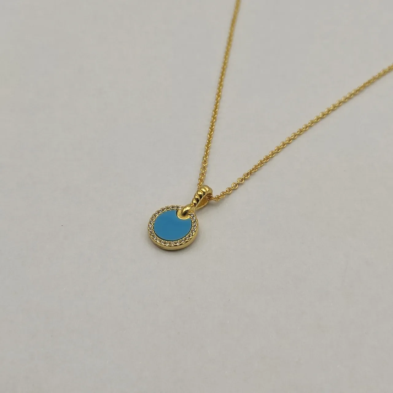 Gold-Tone Turquoise Enamel Pavé Halo Disc Pendant Necklace 5