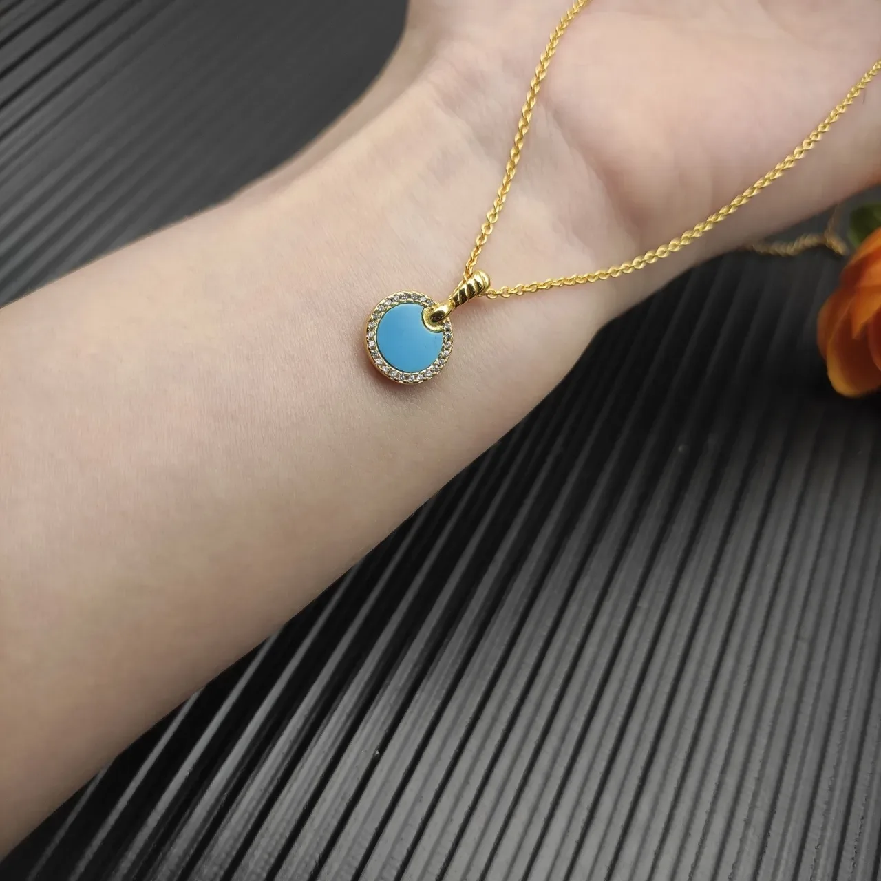 Gold-Tone Turquoise Enamel Pavé Halo Disc Pendant Necklace 6