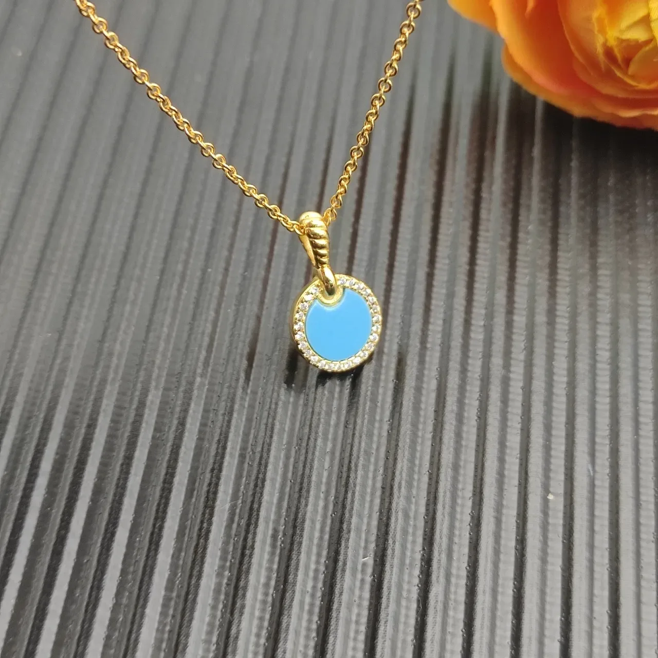Gold-Tone Turquoise Enamel Pavé Halo Disc Pendant Necklace 7