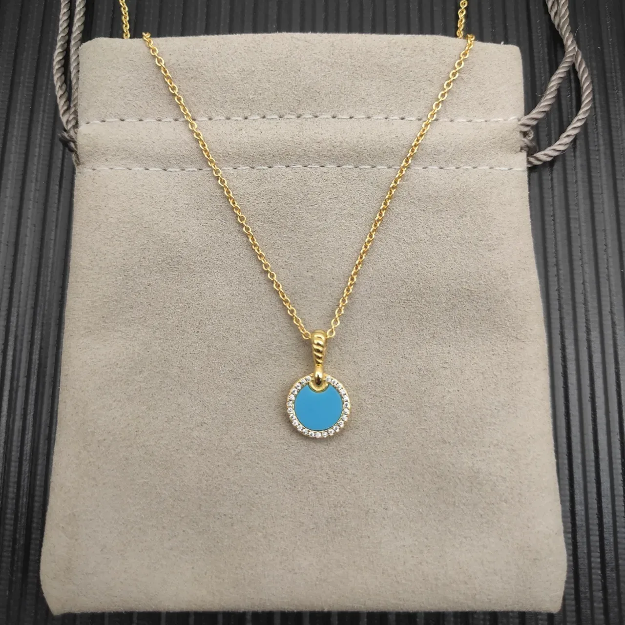 Gold-Tone Turquoise Enamel Pavé Halo Disc Pendant Necklace 8