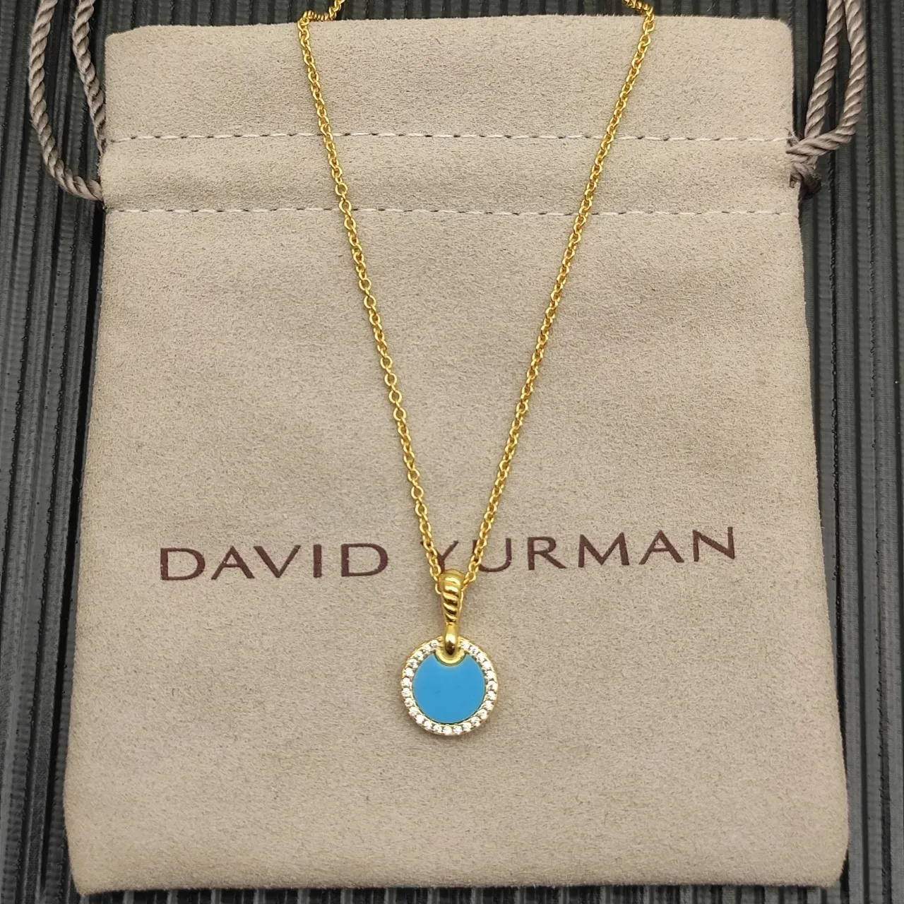 Gold-Tone Turquoise Enamel Pavé Halo Disc Pendant Necklace 9