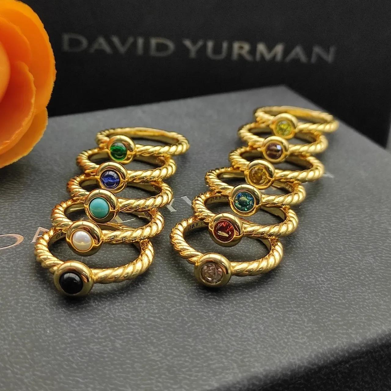 Gold-Tone Twisted Rope Band Cabochon Gemstone Stackable Rings 3