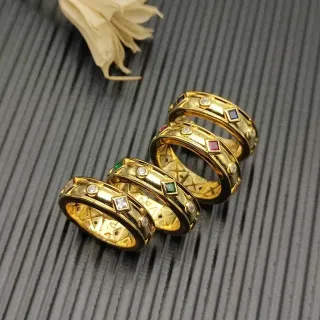 Gold-Toned Multi-Gemstone Geometric Engraved Stackable Rings
