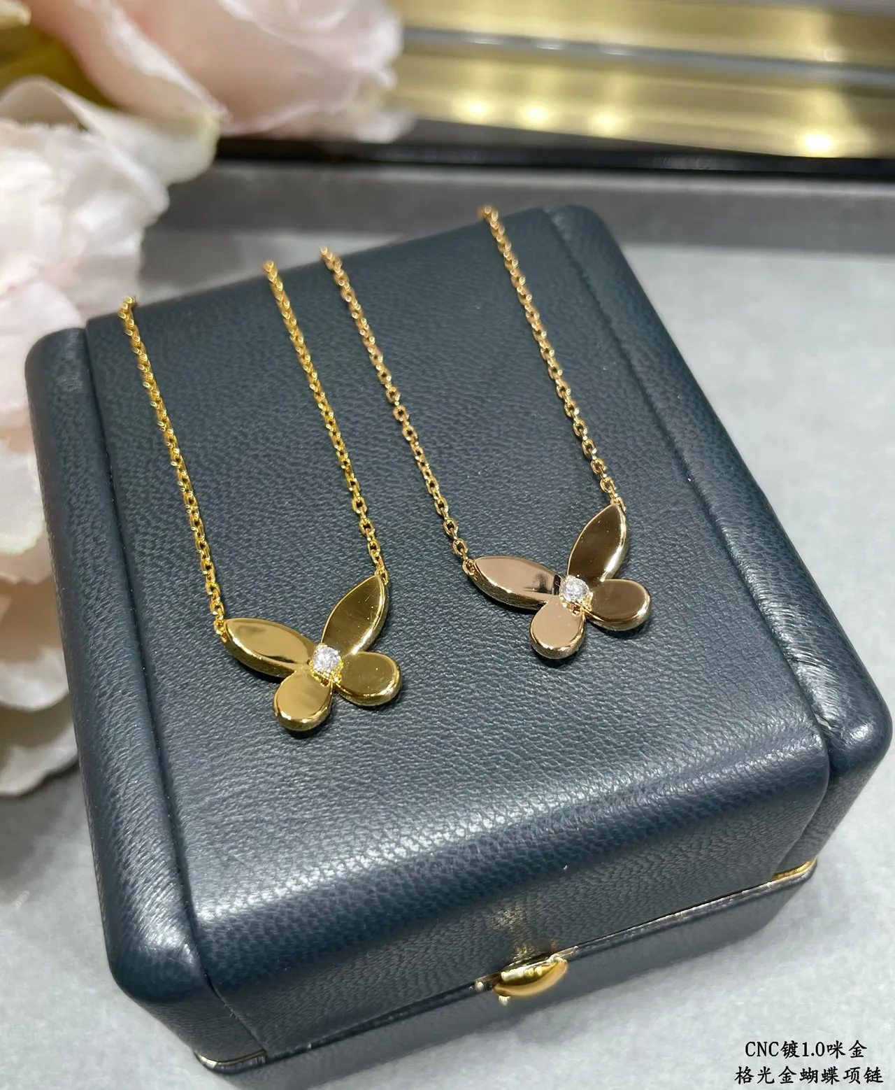 Gold White Butterfly Pendant Single Stone Accent Necklace 5