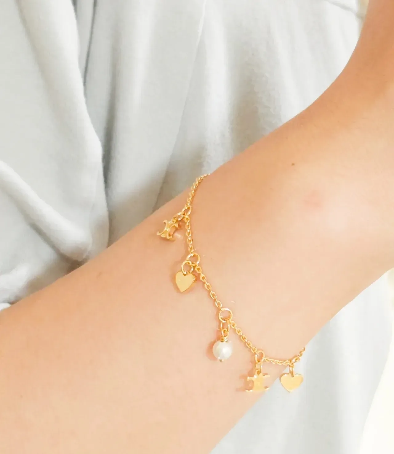 Gold White Chain Heart Charms Bracelet 6